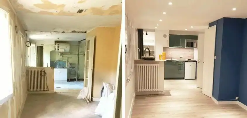 Comparaison côte à côte d'une pièce avant et après rénovation, montrant un espace délabré à gauche et un intérieur moderne et actualisé à droite.
