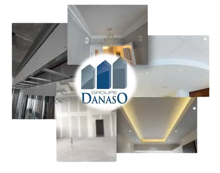 Collage de scènes de construction et de rénovation d'intérieurs avec le logo du Groupe Danaso au centre.